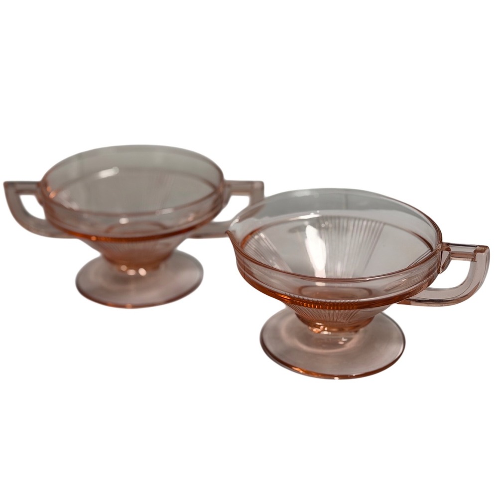 VTG Pink Depression Glass Creamer and Sugar Bowl Set Ribbed Art Deco Tableware